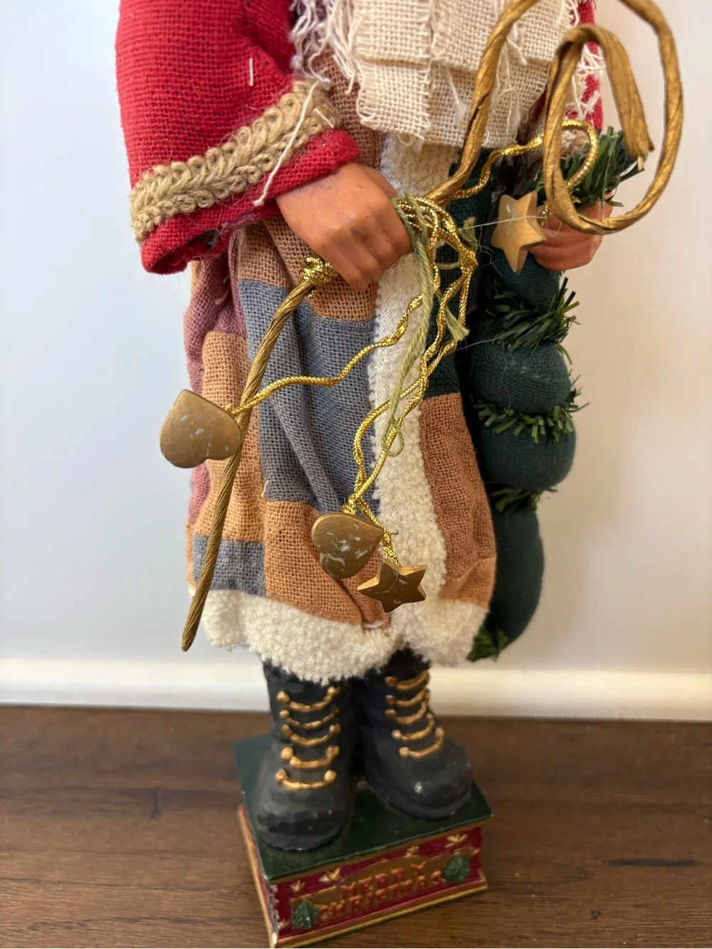 Vintage Folk Art Santa Claus Figurine Rustic Fabric Layered Beard Patchwork Coat